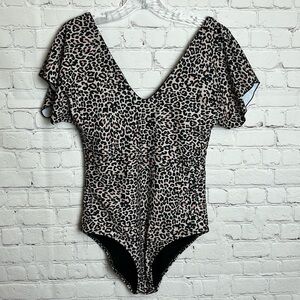 Byinns V-Neck Leopard Print Flutter Sleeve One-Piece Swimsuit